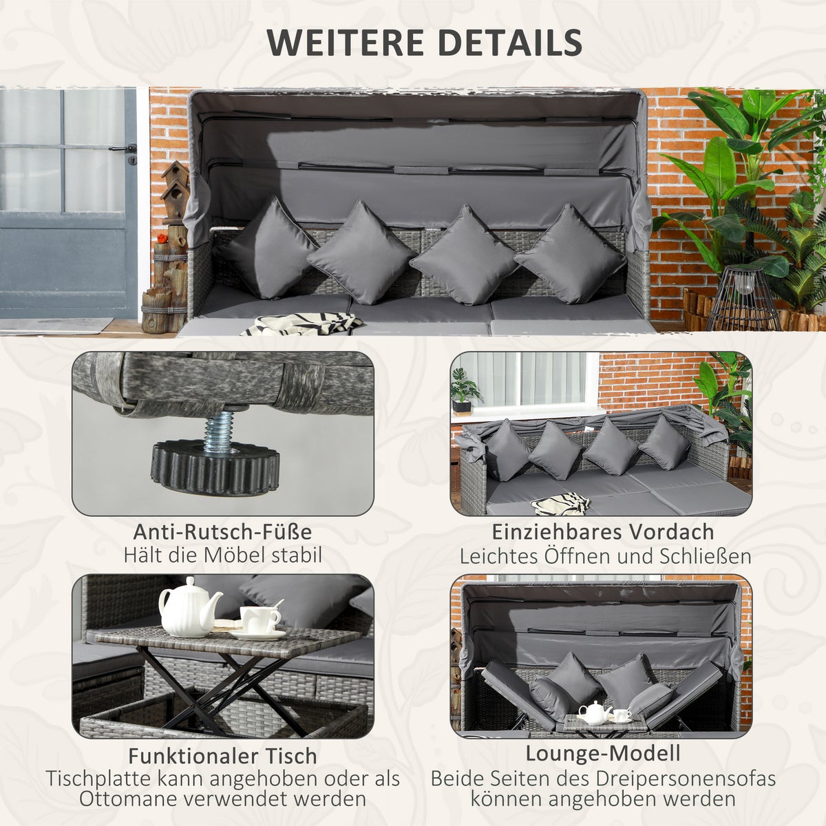 Outsunny 4-delige polyrotan tuinmeubelset, zitgroep met zonnescherm, in hoogte verstelbaar, kruk, zonne-eiland met verstelbare rugleuning, 200L x 68B x 74H cm, PE rotan, polyester, grijs