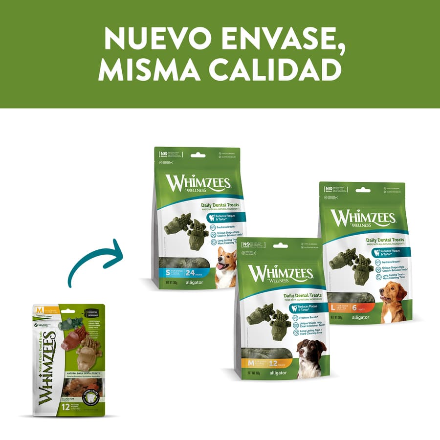 Petiscos dentais Whimzees em formato de crocodilo para cães de raças pequenas.