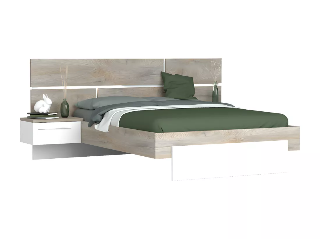 NINO LIGHT - Lit 160x200cm avec Leds et Chevets Suspendus + Armoire 3P