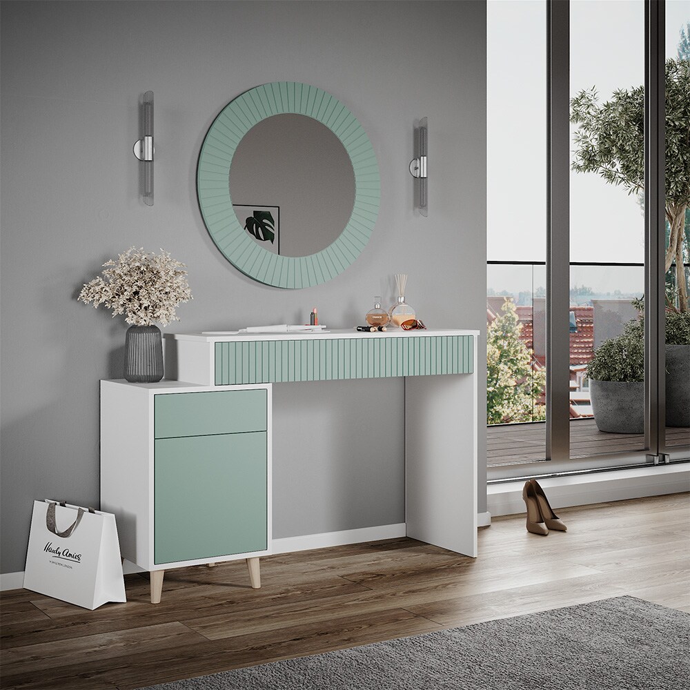 Vicco Schminktisch Frisiertisch Kosmetiktisch Arles Weiß Mintgrün Schminkspiegel 120x77 cm Skandi Schlafzimmerkommode Schminkkommode Schublade Ablage Aufbewahrung Frisierkommode Make-Up-Tisch