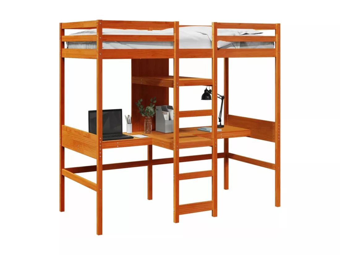 Lit mezzanine avec bureau et étagères brun cire 90x200 cm pin