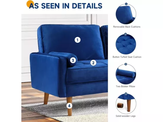 Canapé 2 Places en Velours Bleu, Mini Canapé Chambre avec Accoudoirs, pieds en bois effilés, Canapé Fixe un dossier bas