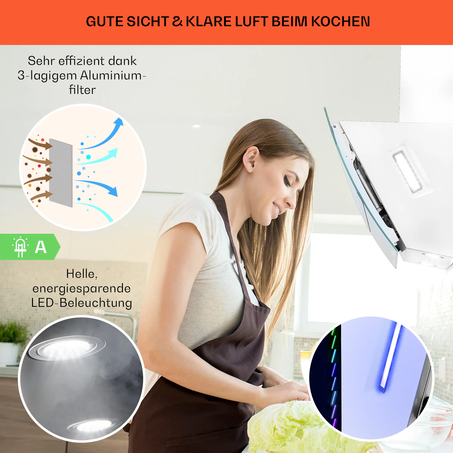 Clara 90 Dunstabzugshaube Glas 509 m³/h Touch Ambiente-Licht Weiß