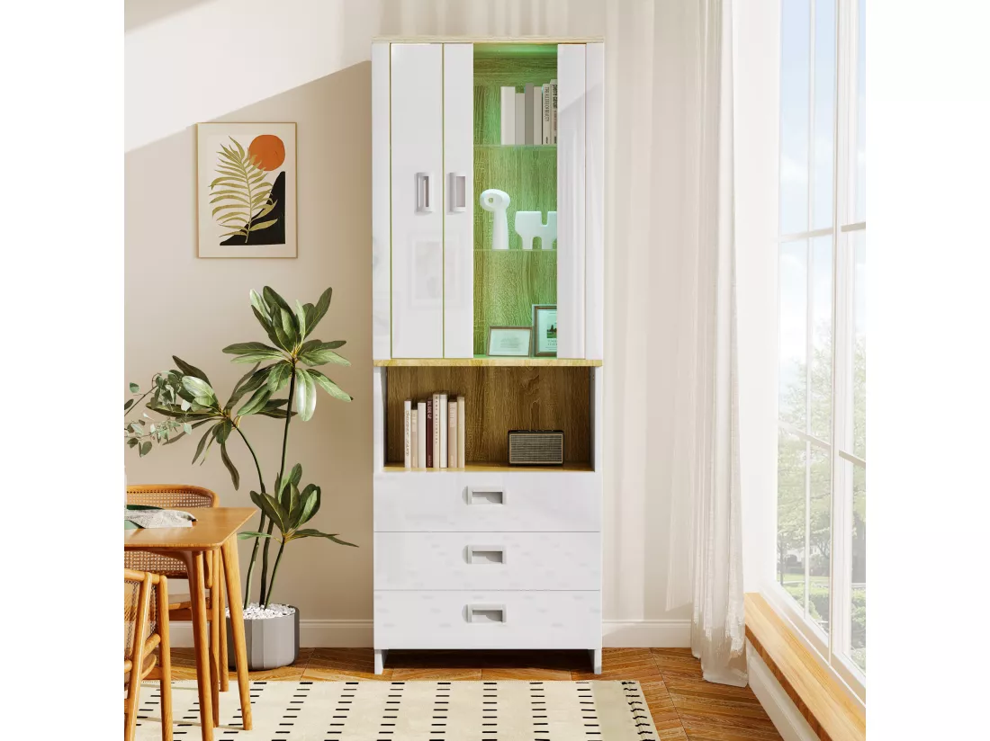 Vitrine avec 2 portes, 3 tiroirs et un compartiment - 65 x 35 x 181.5 cm - LEDs - MDF et Panneau de particules - Blanc