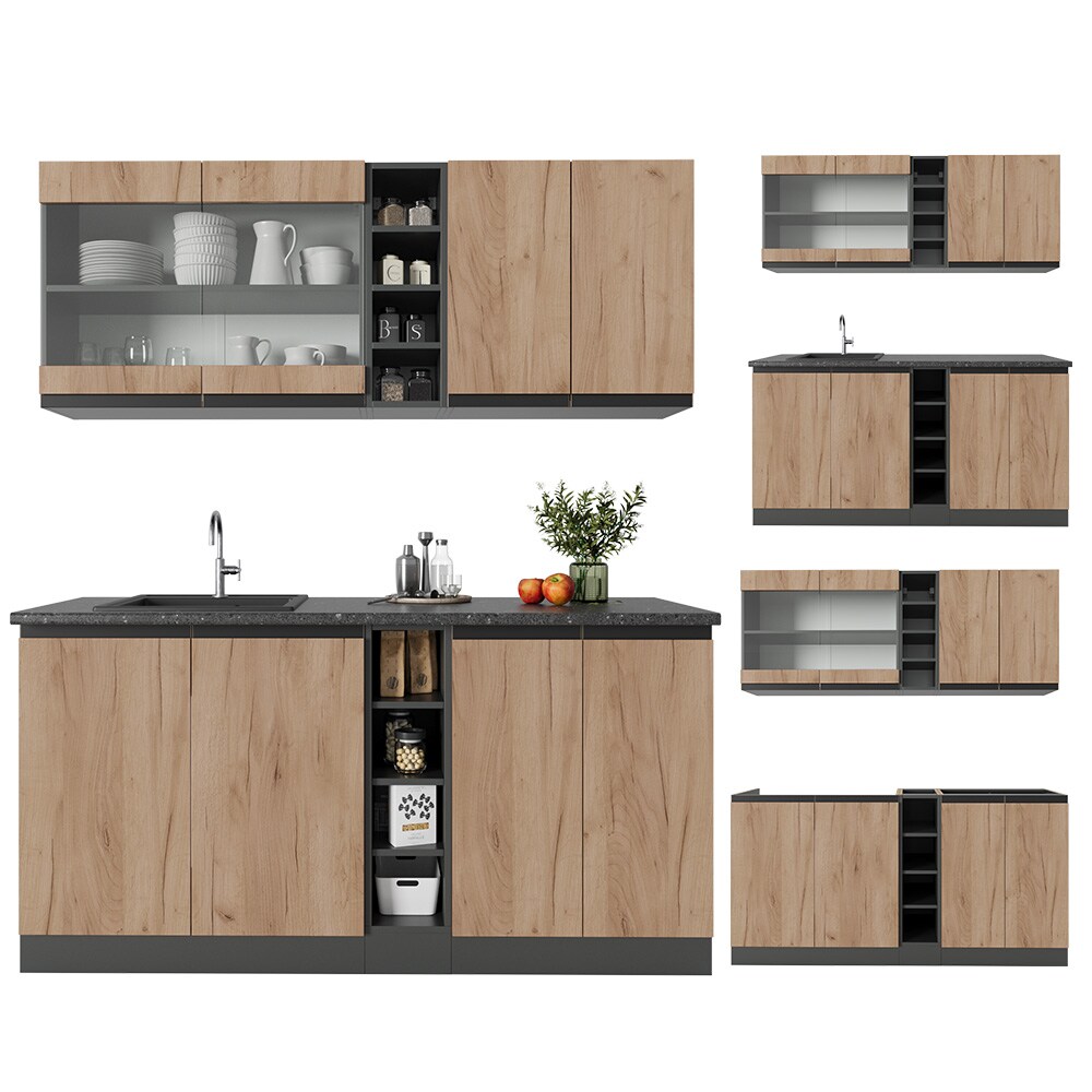 Vicco Küchenzeile Küchenblock Einbauküche R-Line J-Shape Anthrazit Eiche 160 cm modern Küchenschränke Küchenmöbel