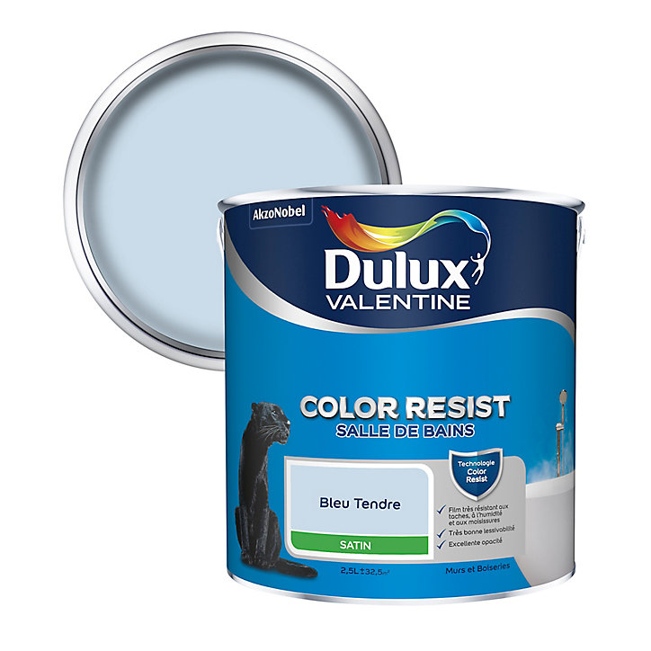 Peinture murs et boiseries Color Resist salle de bains Dulux Valentine satin bleu tendre 2,5L