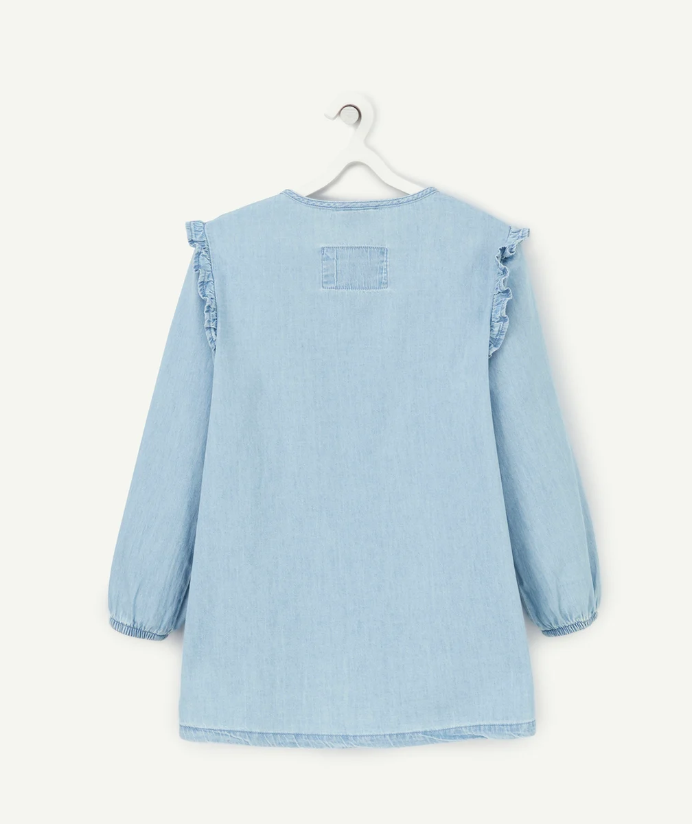 TABLIER FILLE EN COTON EFFET DENIM BLEU PRESSIONNÉ