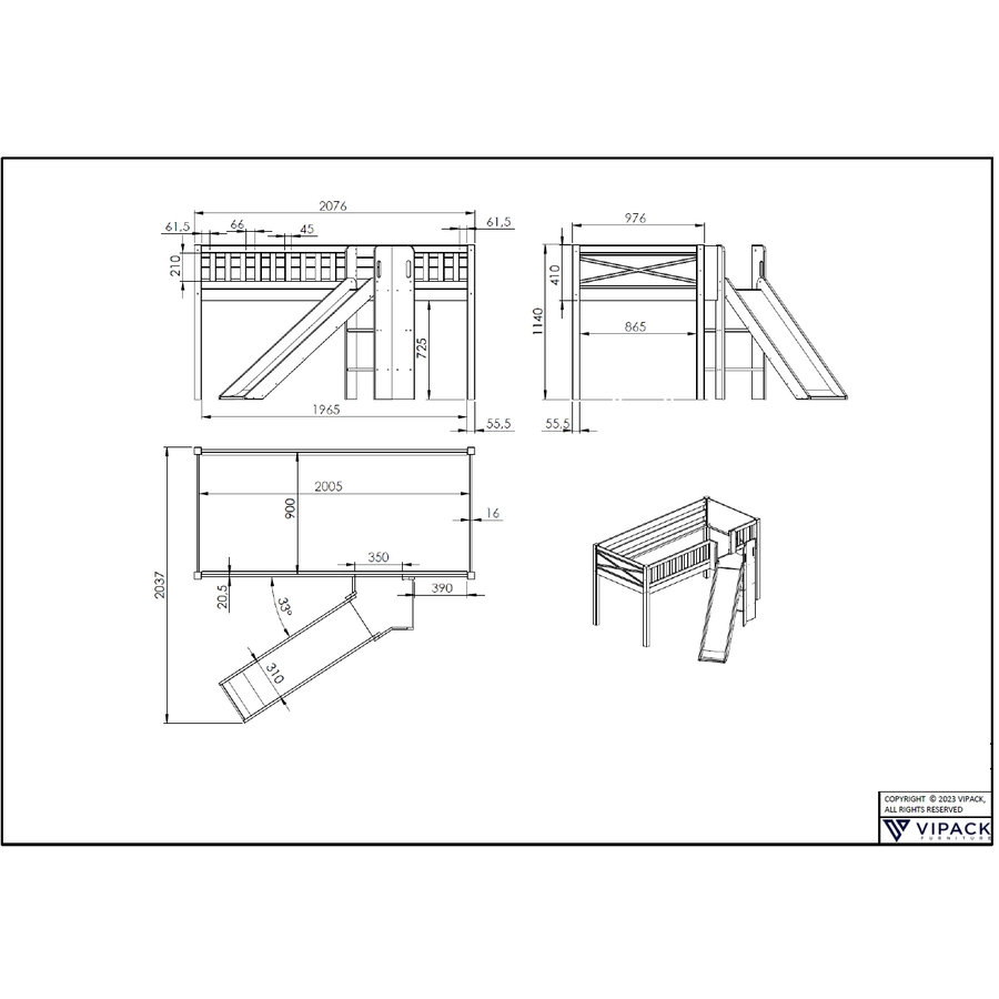 VIPACK Spielbett SCOTT 90 x 200 cm inkl. Rutsche weiß