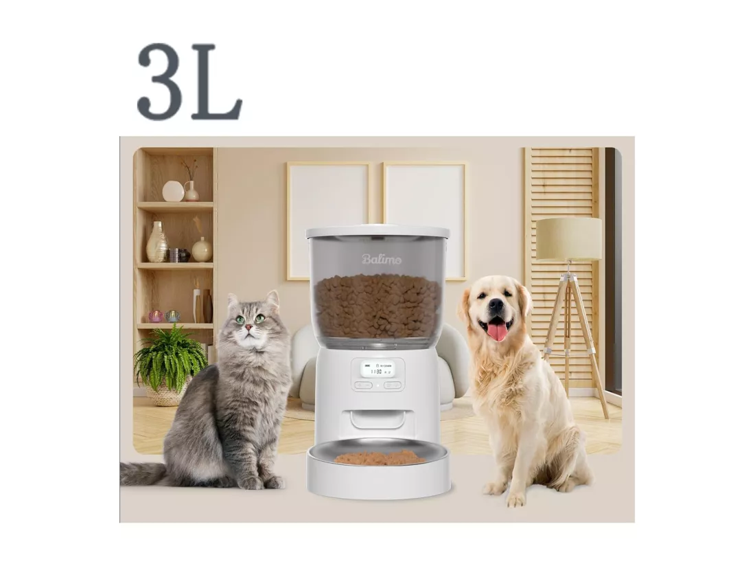 Balimo 3L Distributeur de Croquettes Blanc pour Chat/Chien, ,Minuterie Programmable/Fonction Enregistrement,avec Bol en Inox,Jusqu'à 6 Repas/Jour