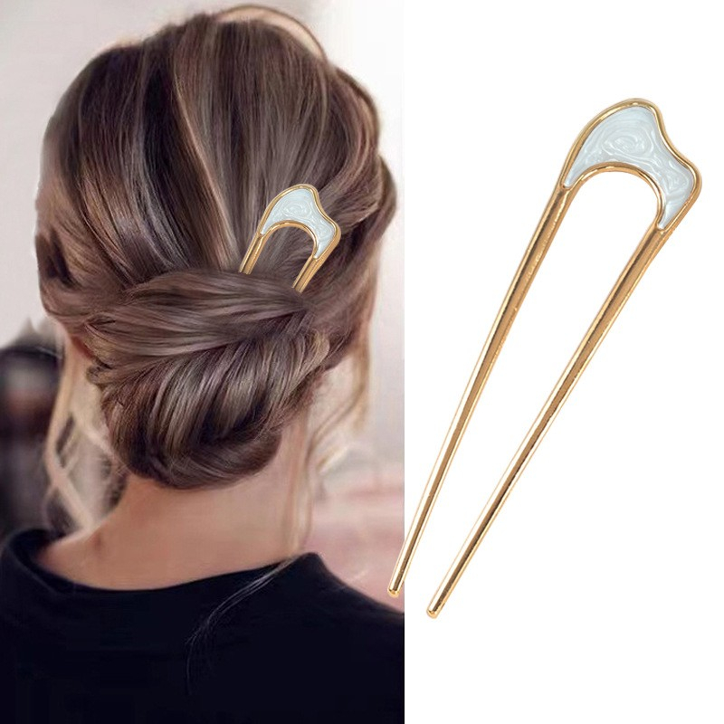 (11cm) Haarnadel Metall French Twist Haargabel Vintage Dutt Haarschmuck Accessoire - Gold / Weiss
