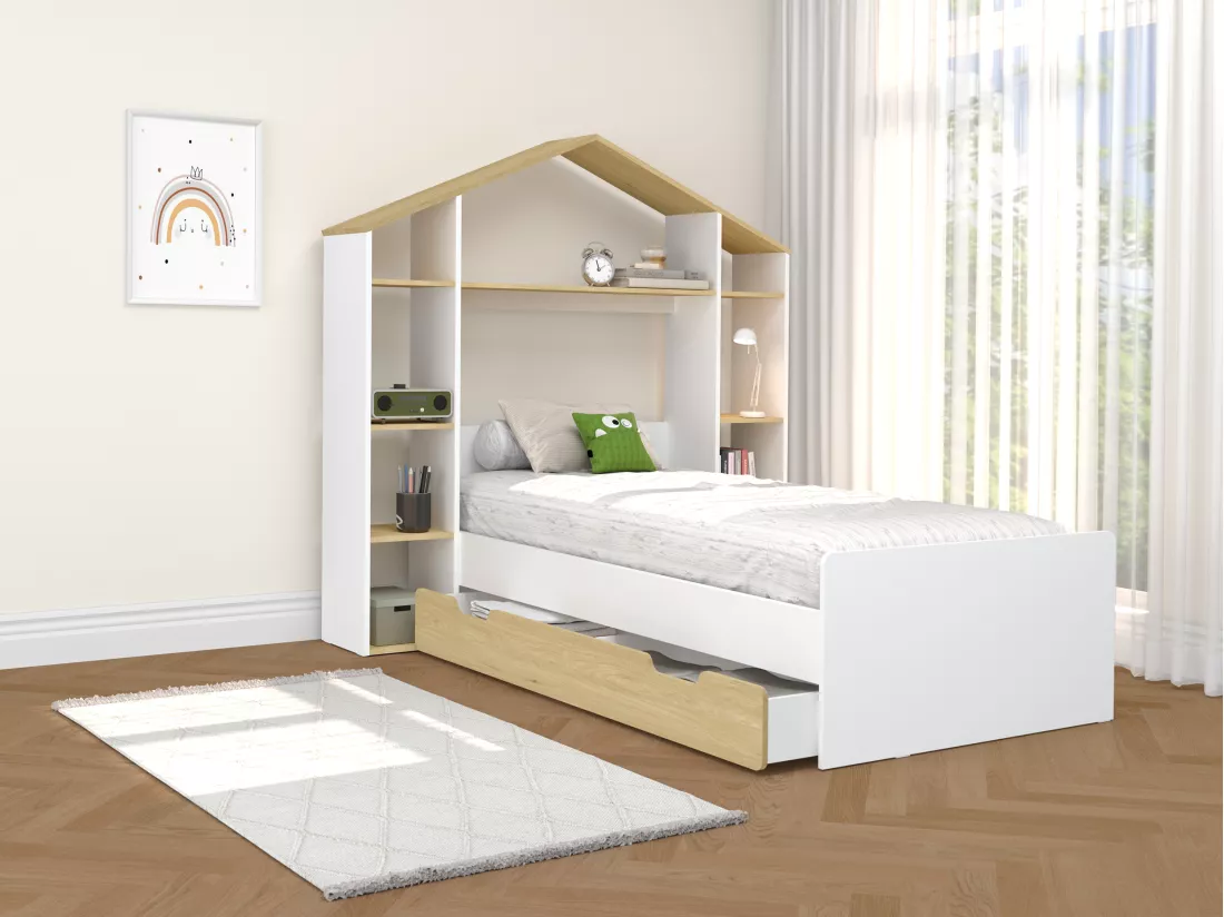 Lit cabane 90 x 190 cm - Coloris : Blanc et naturel + Matelas - JERACO