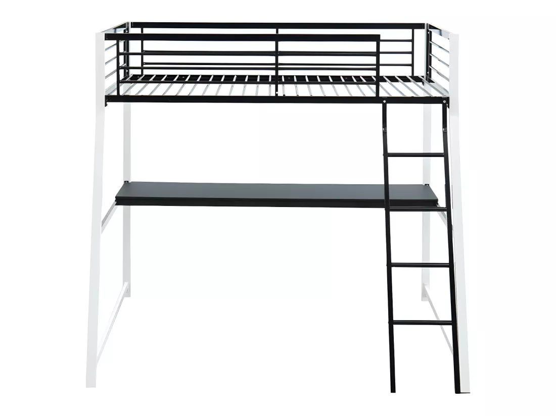 Lit mezzanine MALICIA - 90 x 190 cm - bureau intégré - Noir et blanc + matelas