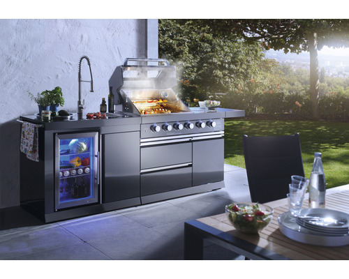 Buschbeck Cambridge 4-pits gasbarbecue/buitenkeuken met zijbrander en achterbrander, zwart, inclusief opbergplank, dekselthermometer, vetopvangbak, zijplank, bedieningsknoppen met ledverlichting en grillrooster van gietijzer.