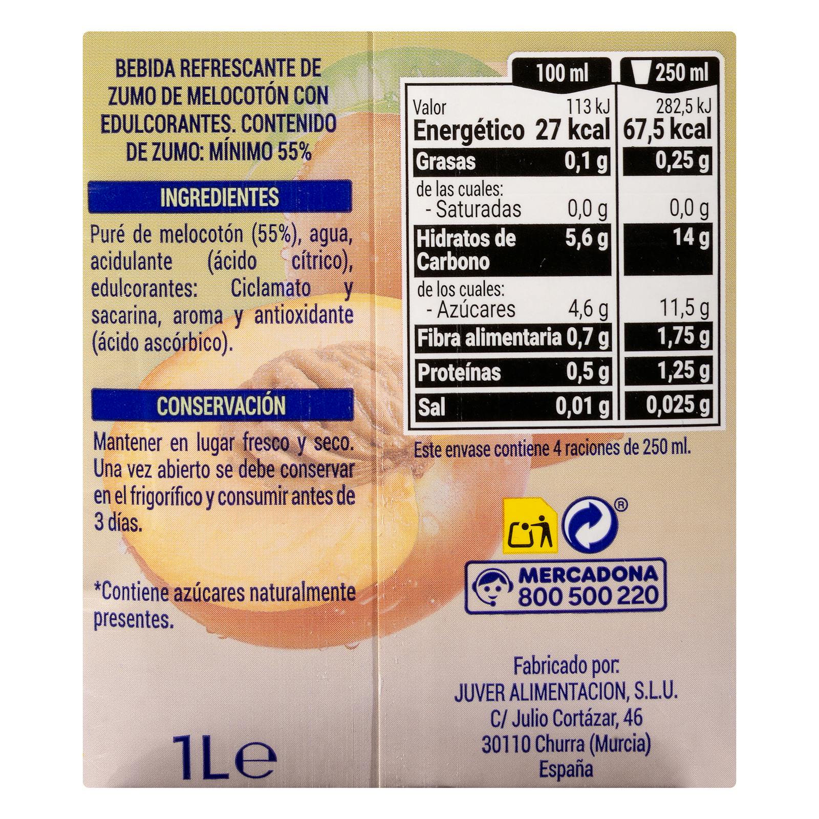 Boisson à la pêche Hacendado sans sucre ajouté
