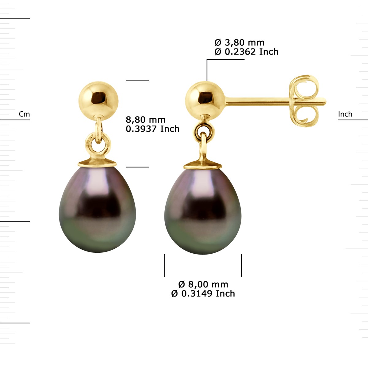 Boucles d'Oreilles Pendantes Perles de Tahiti Poires 8-9 mm - Or Jaune