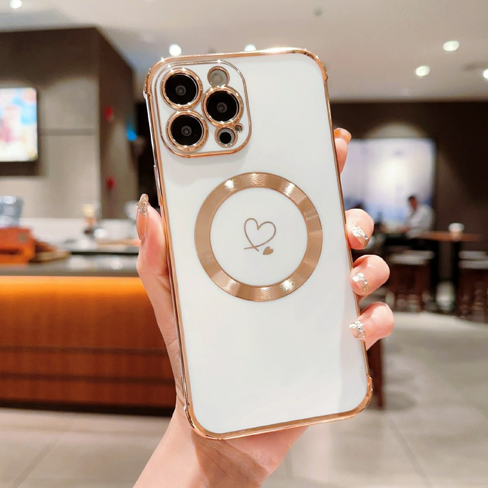 iPhone 16 Pro MagSafe Gummi Case Hülle Galvanisierter Rahmen   Kameraglasschutz - Weiss / Gold