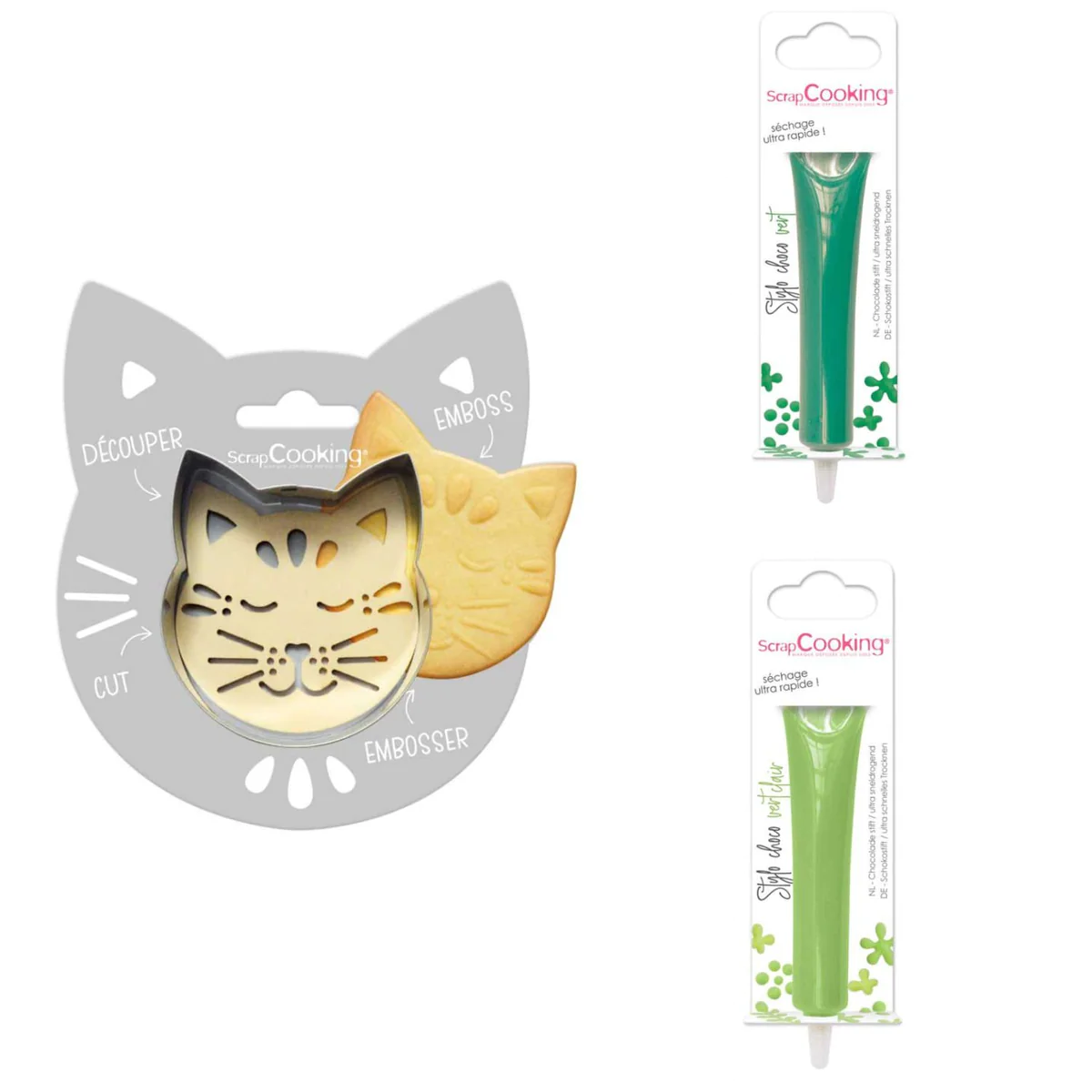Kit pour biscuit en relief Chat + 2 Stylos au chocolat vert et vert cl