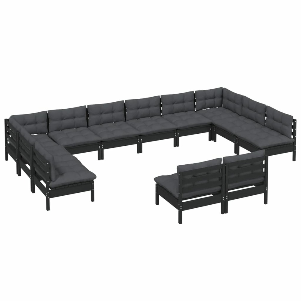 Salon de jardin meuble d'extérieur ensemble de mobilier 12 pièces avec coussins noir bois de pin massif