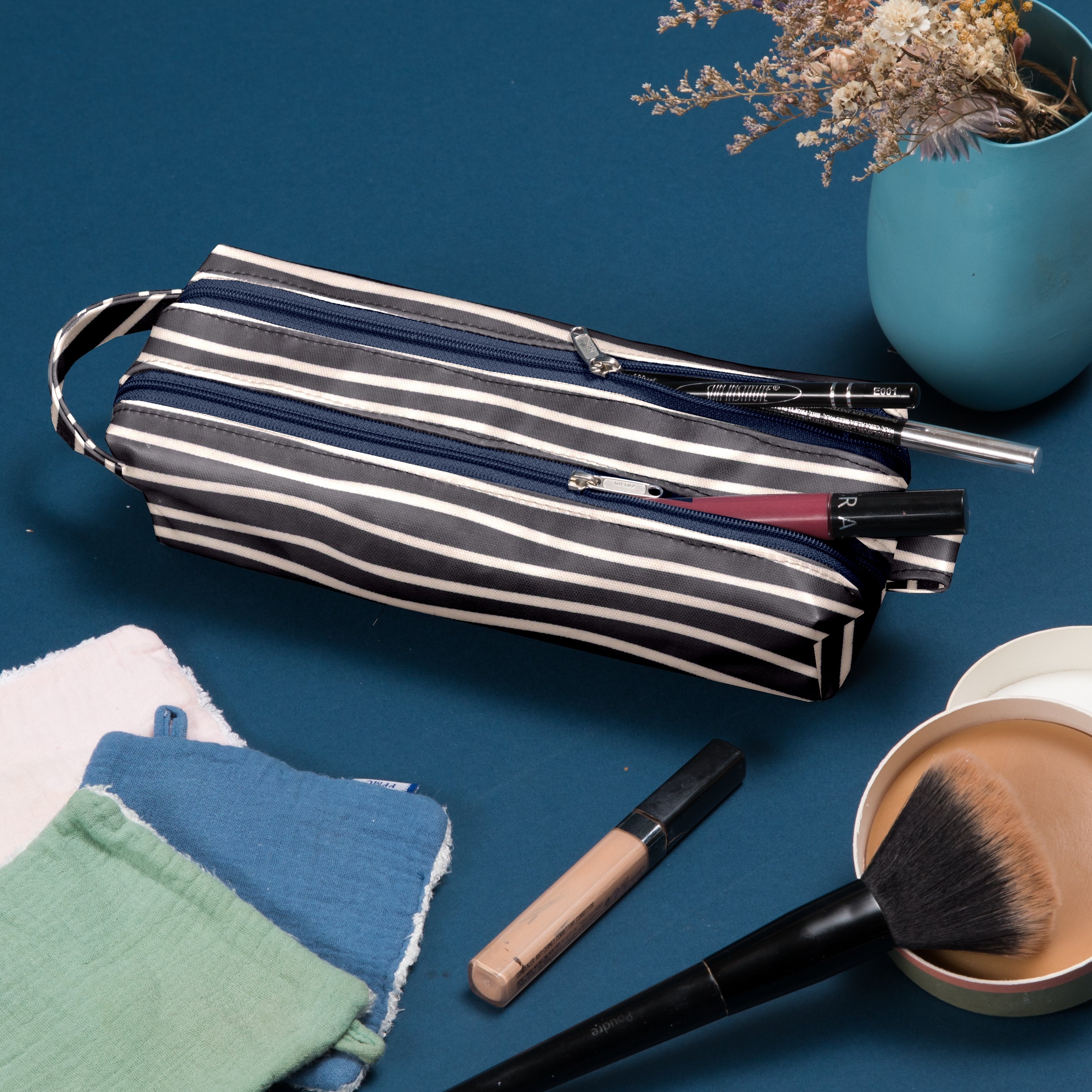 Trousse Double Compartiment Rayé Ivoire Marine