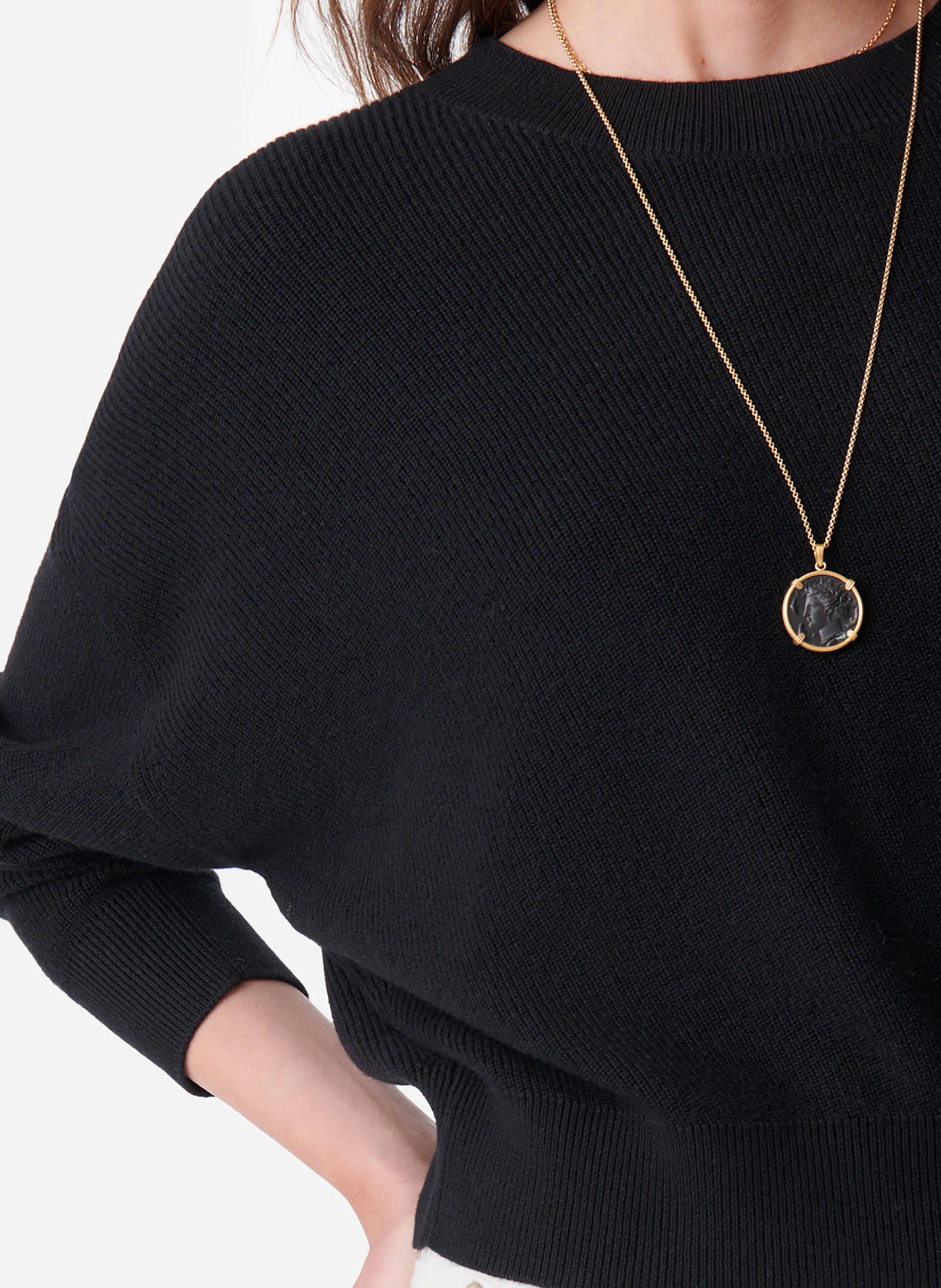 DEVY - Pull droit col rond en laine et coton | Noir