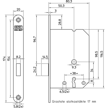 NEMEF 1200 serie kastdeurslot met gelakte voorplaat Doorn 50mm PC 55mm