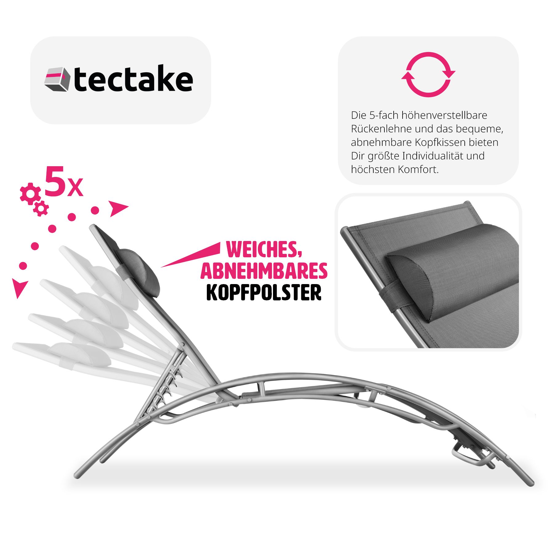tectake® 2er Set Gartenliege, Textilene-Gewebe, 5-fach verstellbare Rückenlehne mit Kopfpolster, 180 x 59 x 50 cm