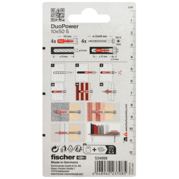 Fischer Universeelplug DuoPower 10x50mm met zeskantschroef 4 stuks