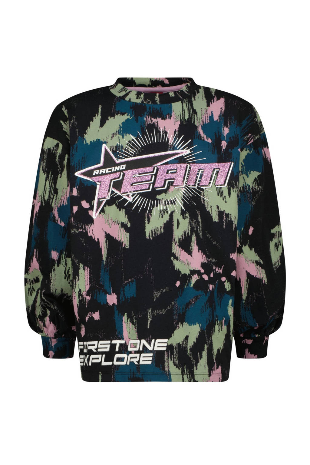 Vingino sweater Jiena met all over print zwart/roze/blauw