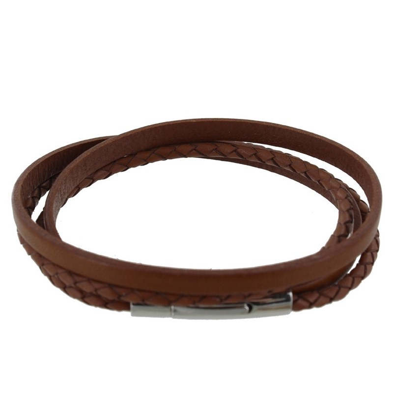 Bracelet Homme Cuir Deux Liens Plat et Tréssé Rond - Classics - Marron clair