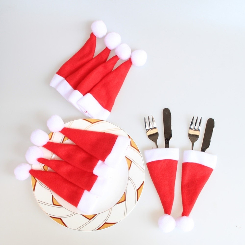 (10er Set) Filz Besteck Tasche Weihnachten Party Tisch Deko für Messer / Gabel / Löffel - Nikolausmütze