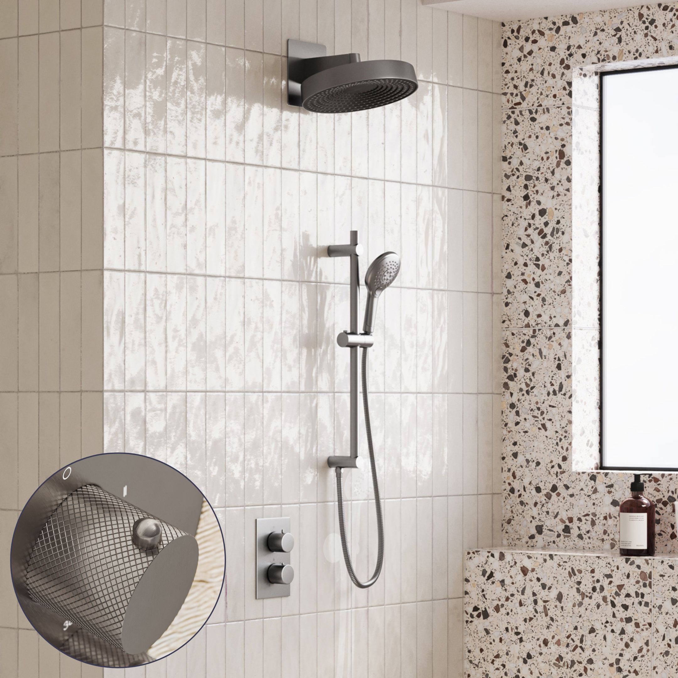 Saniclear Evolution Curved inbouw regendouche met glijstang en 2 standen handdouche RVS