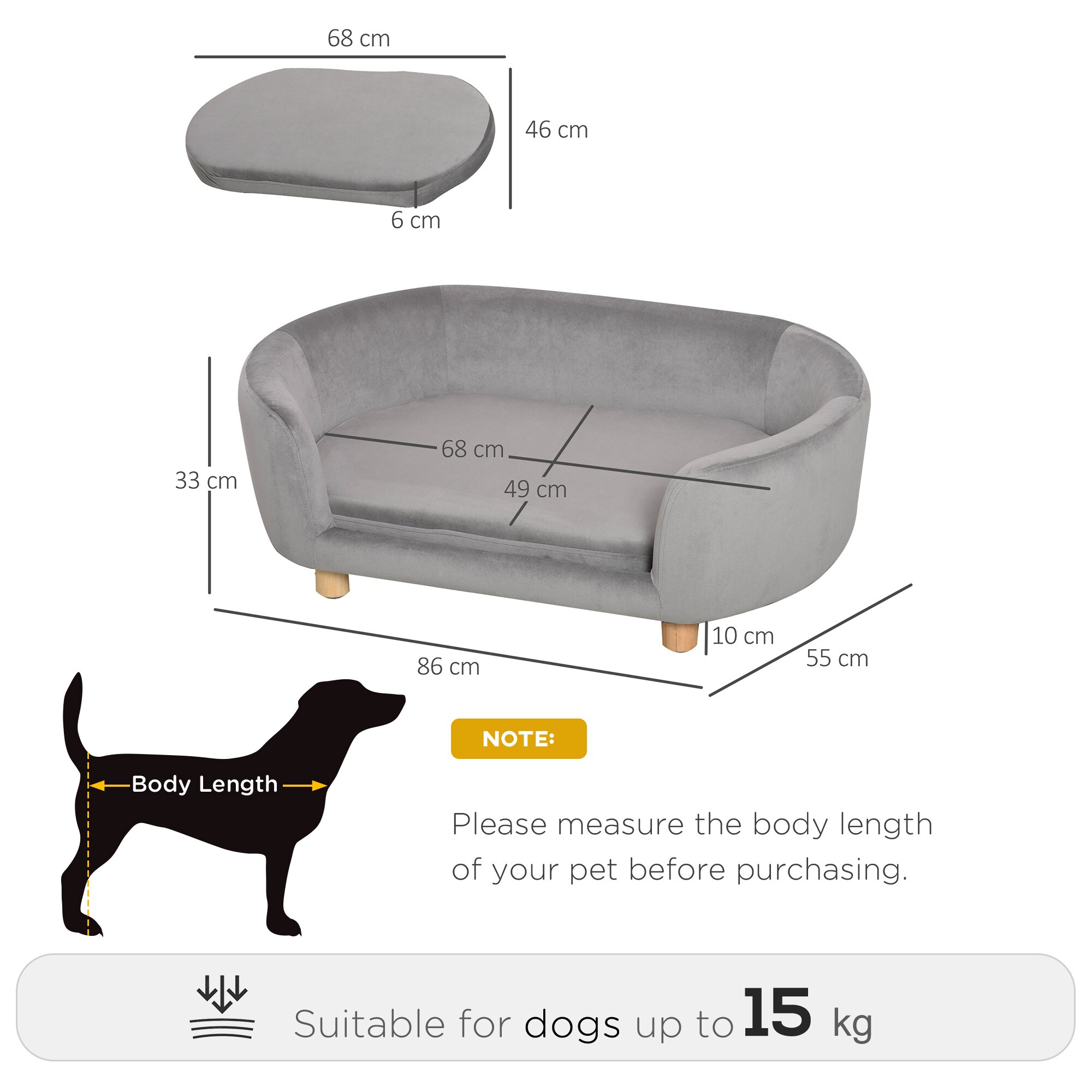 PawHut Haustiersofa für Hunde und Katzen hellgrau 86 x 55 x 33 cm