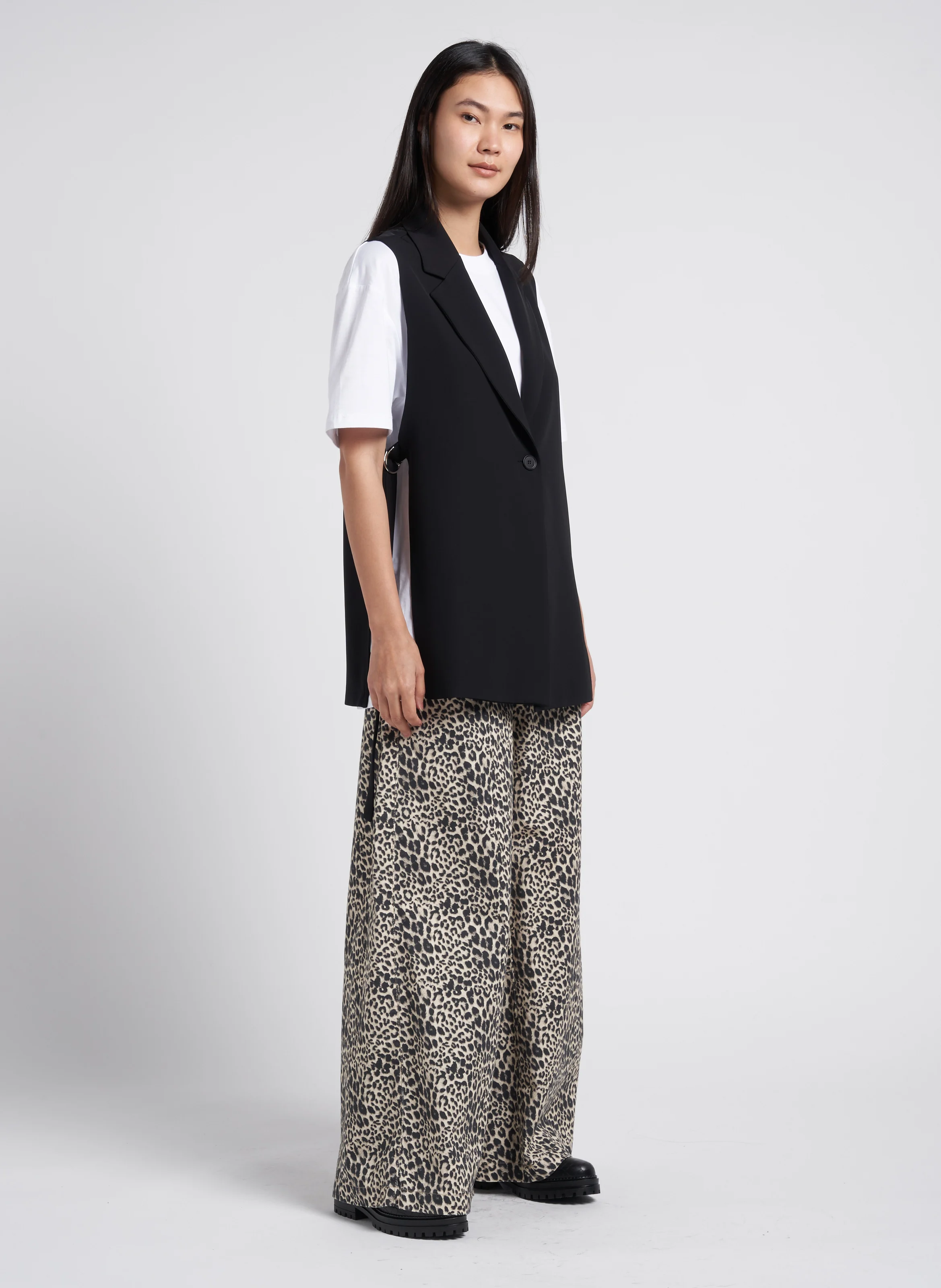 Pantalon palazzo taille haute en coton mélangé imprimé | Noir