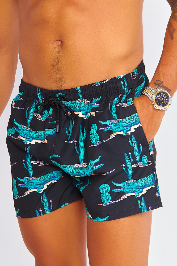 Short de bain noir à motif crocodiles verts
