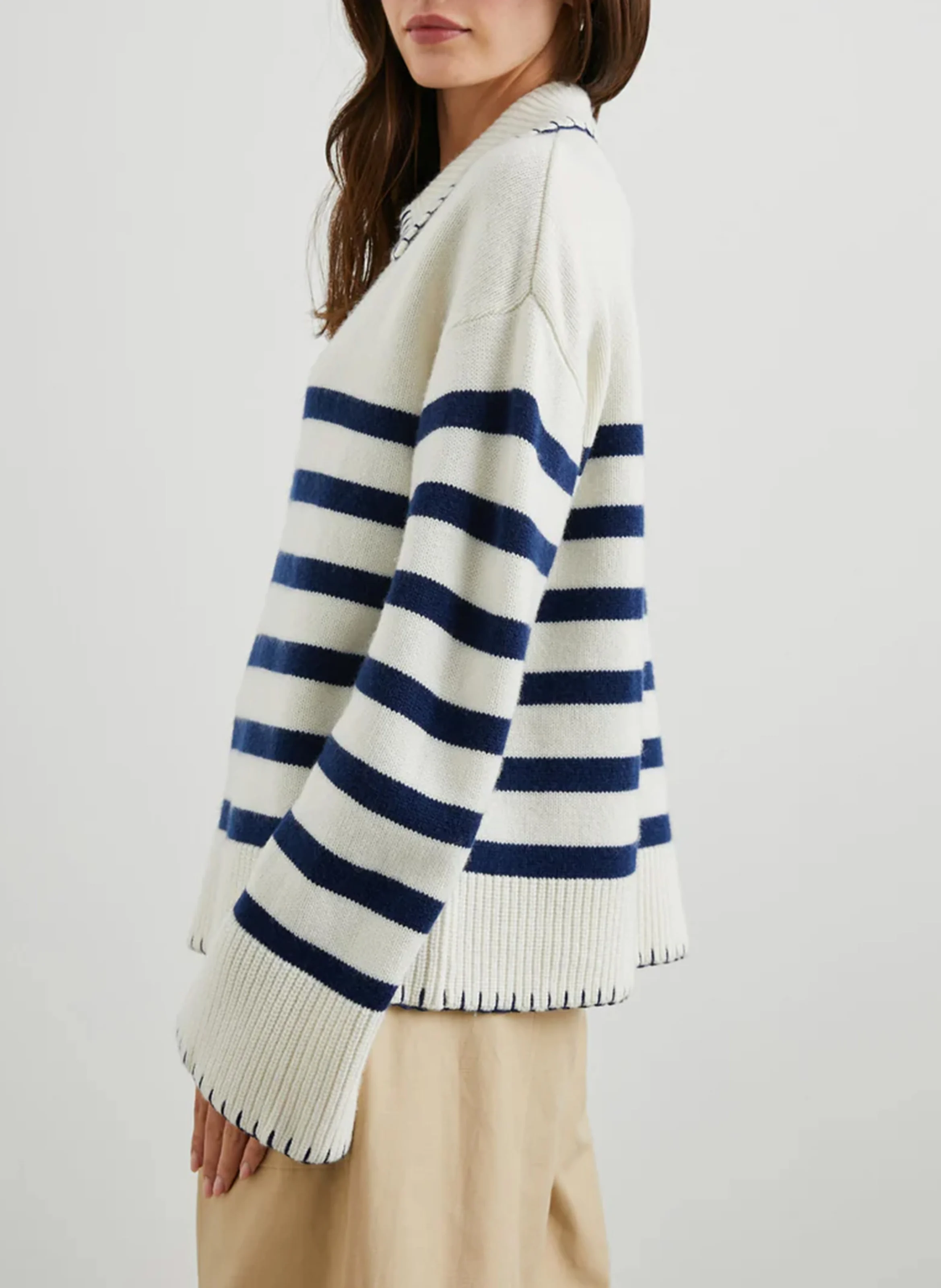 ATHENA - Pull col classique rayé en coton | Bleu