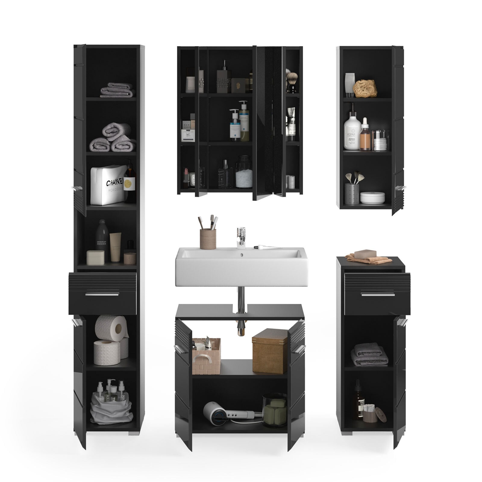 Badmöbelset Linus 5-teilig Schwarz Hochglanz 150x182x34 cm