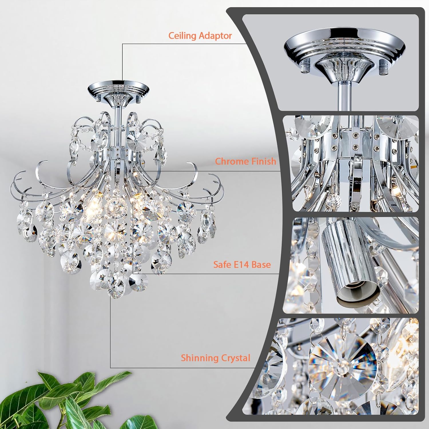4-Licht Kristall Kronleuchter, Moderne Kristall Deckenleuchte Ø460mm, Silberchrom Kronleuchter E14, Ideal Für Esszimmer, Flur, Schlafzimmer und Foyer in Chromenfarbe