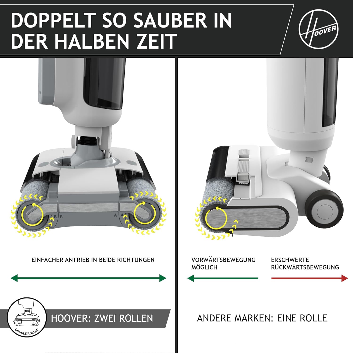 Hoover HW5 kabelloser Nass-Trockensauger und Saugwischer für Hartböden mit Hochleistungsmotor, Doppelwalzen-System, intelligente Schmutzerkennung, Selbstreinigungsfunktion, 230W [HW500]