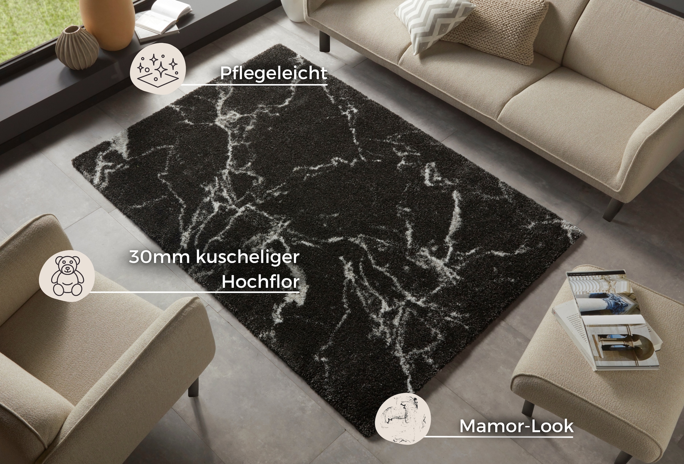 HANSE Home Hochflor-Teppich »MAYRIN« rechteckig 30 mm Höhe Hochflor, Teppich, Shaggy, Flokati, Weich, Marmor-Optik, Wohnzimmer