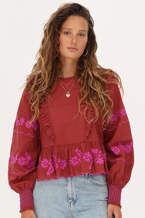 Roest-bruine top met fuchsia embroidery