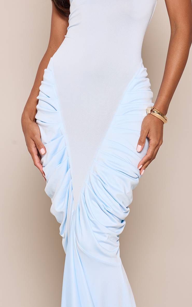 Bleu Layette Robe Longue Col Montant À Ourlet Froncé