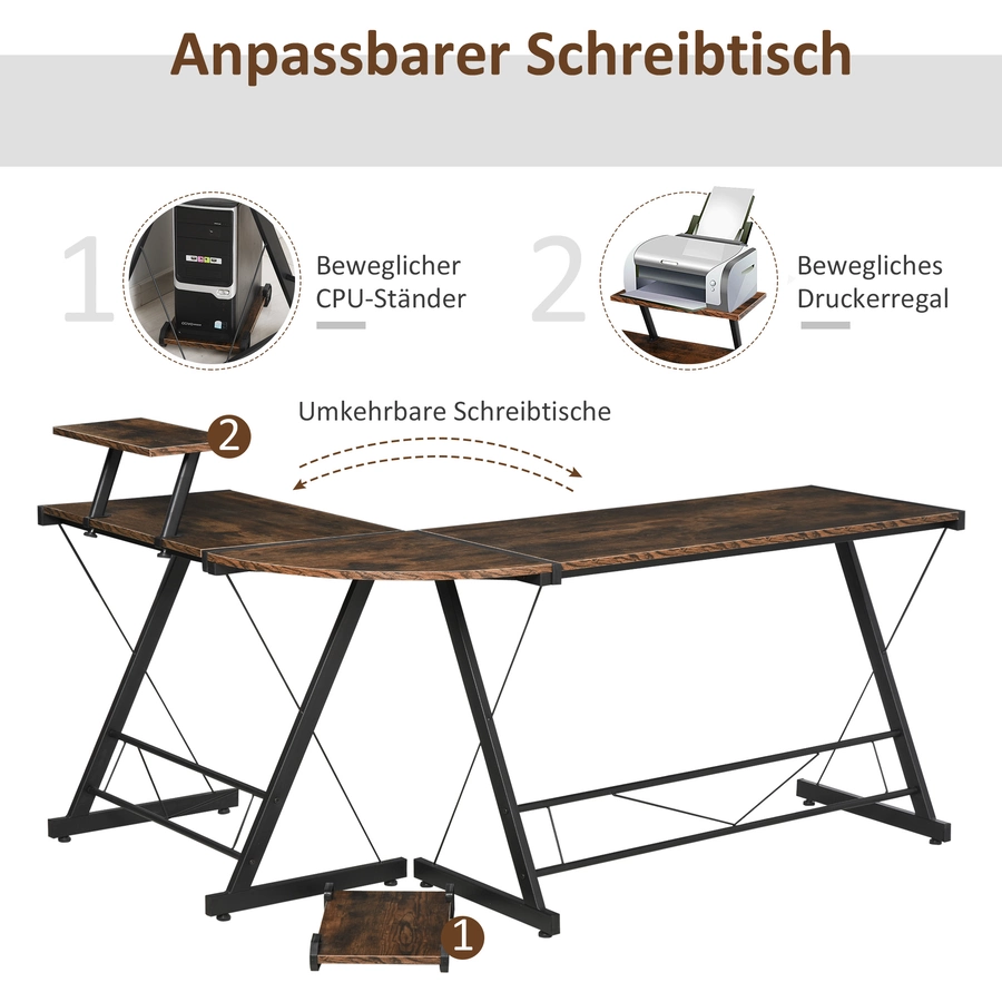 HOMCOM Eckschreibtisch schwarz, Holzmaserung