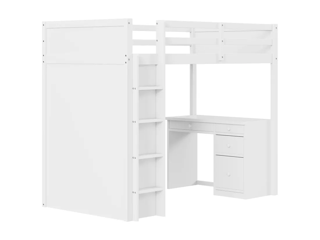 Lit mezzanine 90 x 200 cm avec bureau, étagères de rangement, tiroirs et échelle, bois MDF, blanc