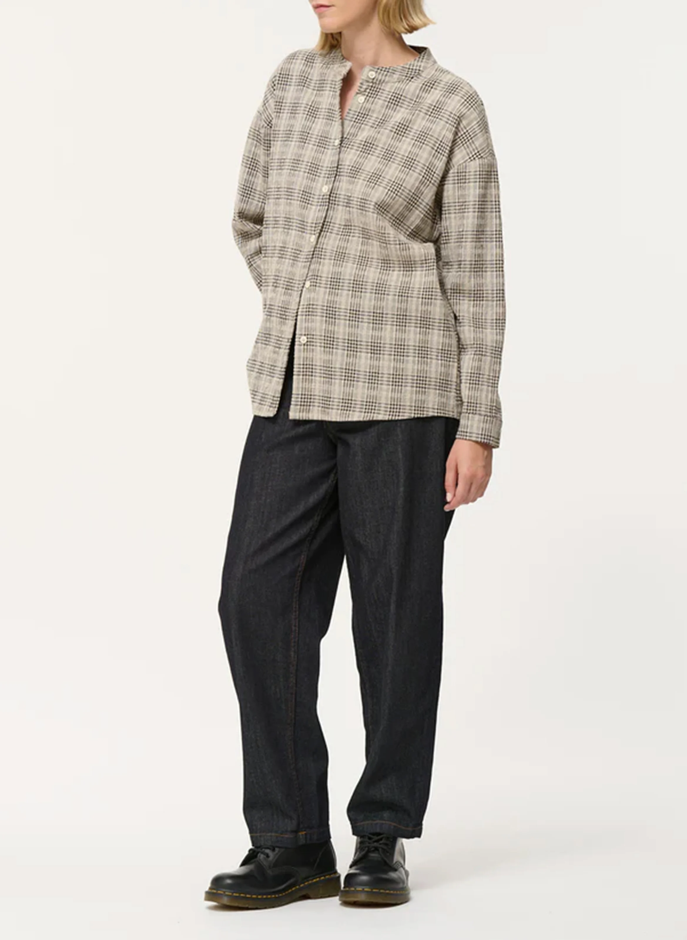 Chemise col mao à carreaux en coton| Gris