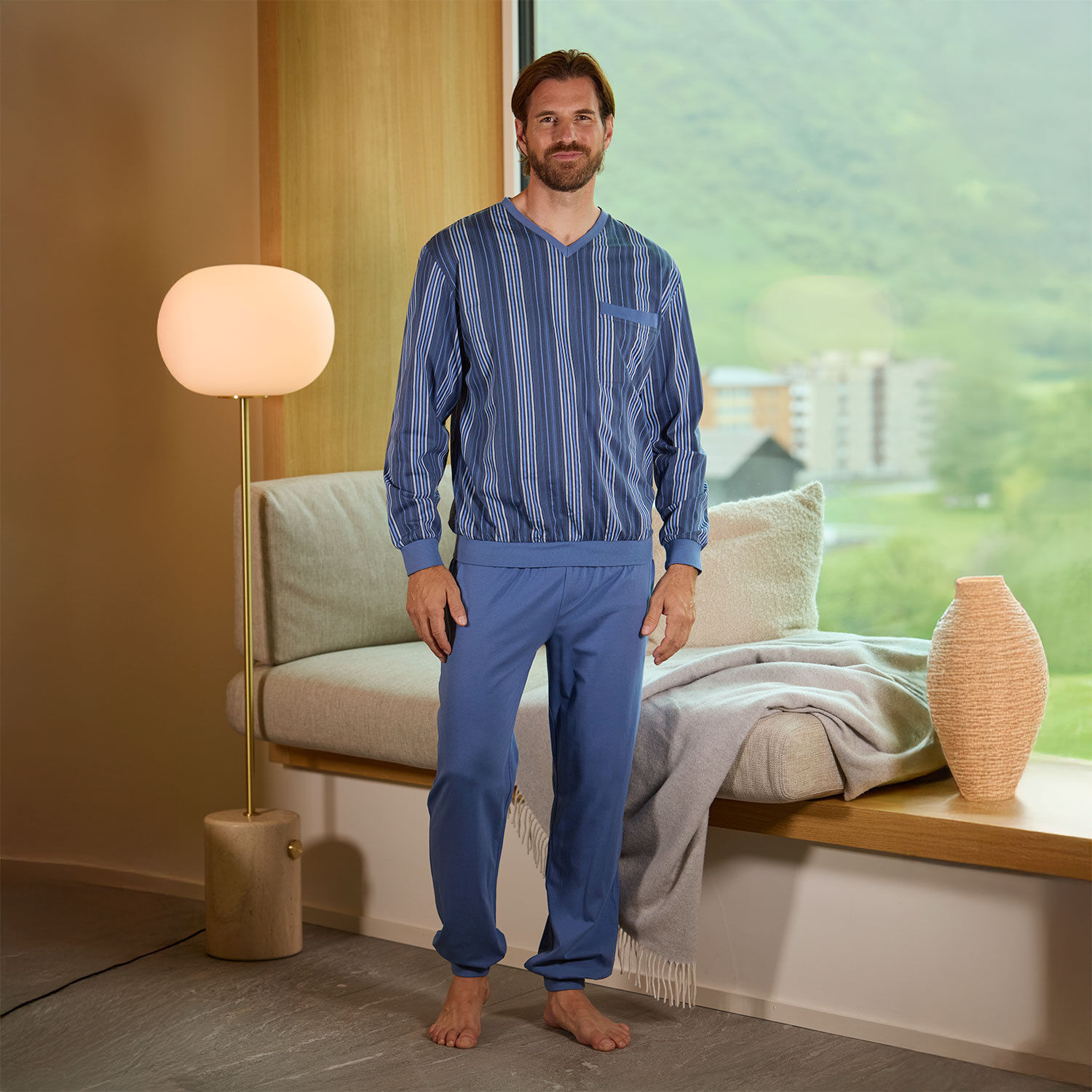 Herren Langarmpyjama Baumwolle blau