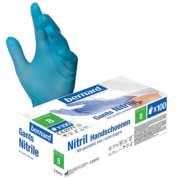 Gants jetables nitrile non poudrés Premium Bernard taille 8, boîte de 100