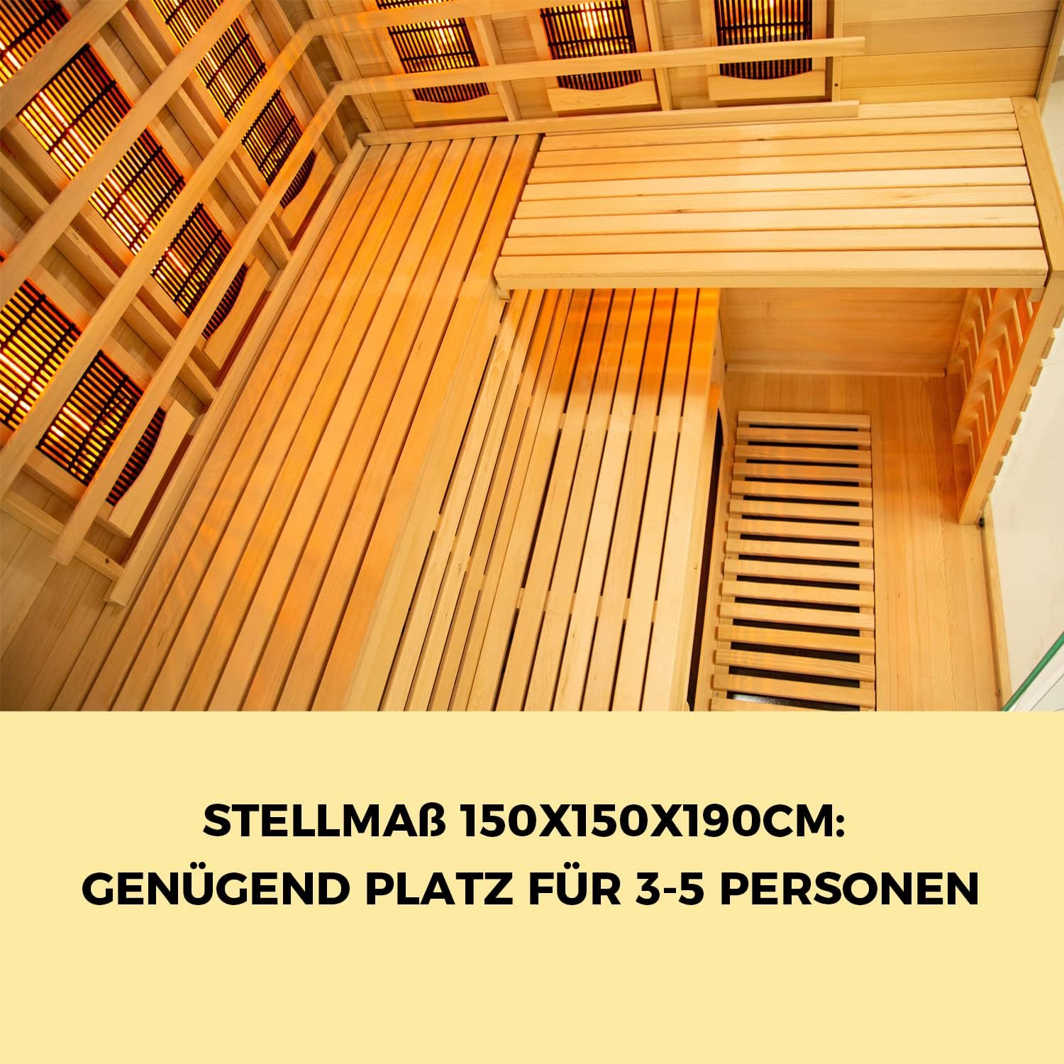 Elbe Infrarotkabine HYGGE für 3-5 Person aus Hemlockholz, 150x150x200 cm，8 Vollspektrumstrahler, 1 Carbonstrahler, Saunakabine mit Farblichtherapie, Ionisator und Audio System