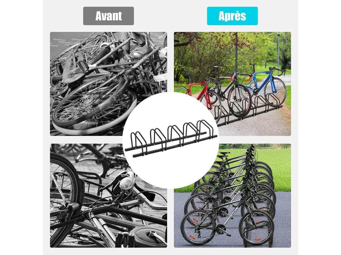 Râtelier 6 Vélo, Support de Rangement Vélo en Acier Revêtu, Fixation au Sol ou au Mur pour Extérieur et Intérieur, 180 x 32,5 x 26 cm, pour VTT, Vélo de Course, Vélo d’Enfant, Noir