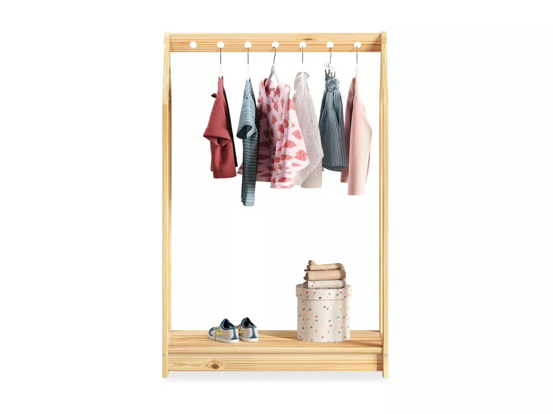 Portant Enfant SALLY en Pin Massif, Dressing Enfant avec Tringle à Vêtements, Penderie Enfant Montessori, Coloris naturel