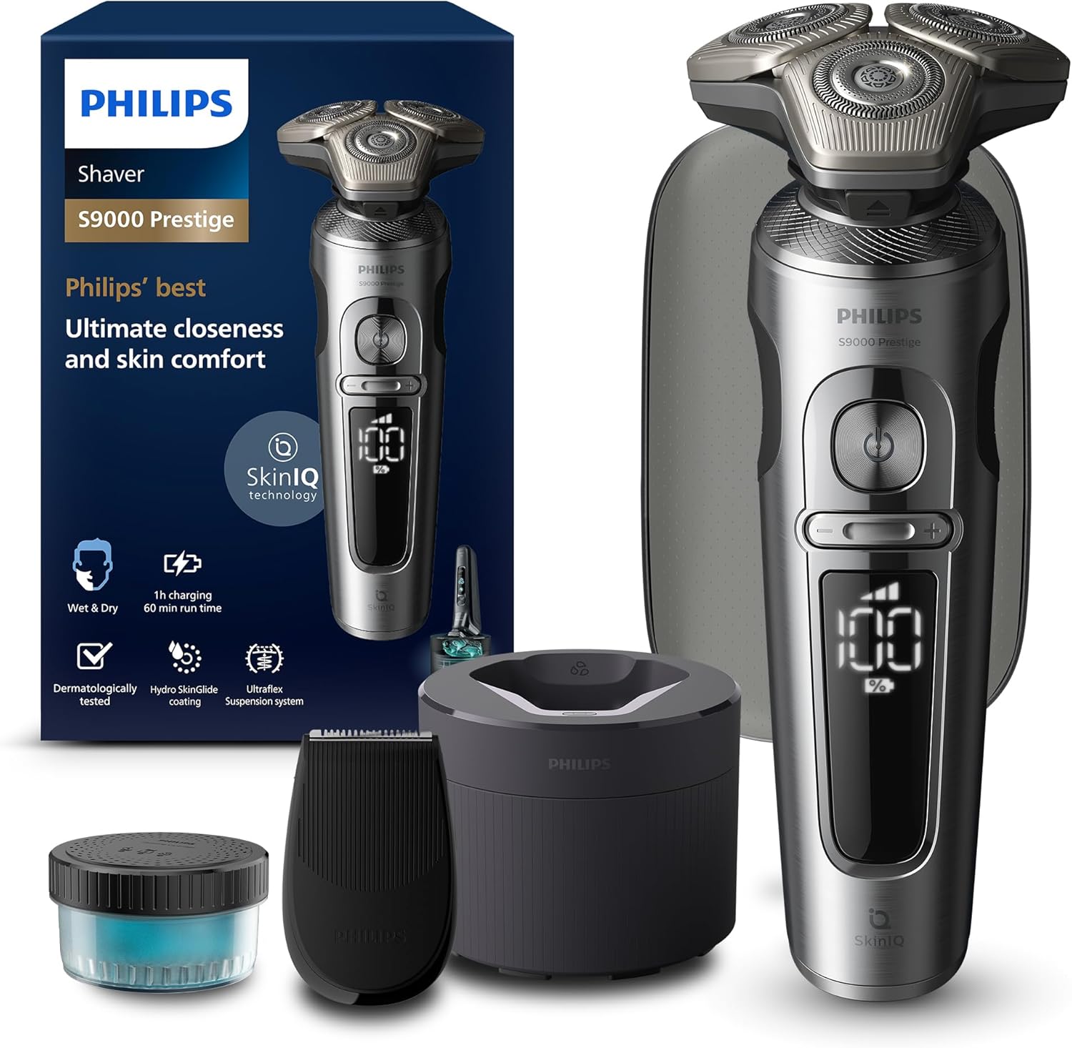 Philips Shaver S9000 Prestige, elektrischer Nass- und Trockenrasierer, helles Chrom, Lift & Cut-Rasiersystem, SkinIQ Technologie, Präzisionstrimmer, Reinigungsstation und Reiseetui, Modell SP9841/32
